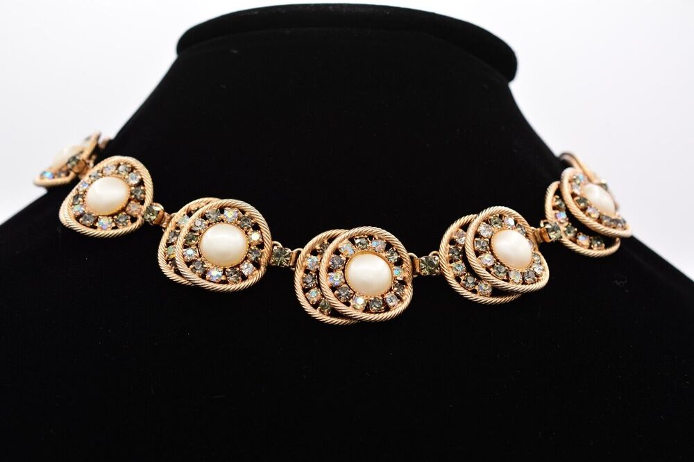 Hobe Vintage Choker Collar Necklace AB Gray Crystal Rhinestone Gold Signed Bin7B